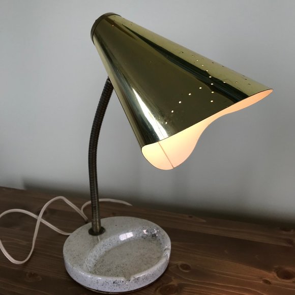 Brass Bullet Lamp with Ceramic Ashtray Base Vintage MCM Gooseneck Lamp - Picture 2 of 13